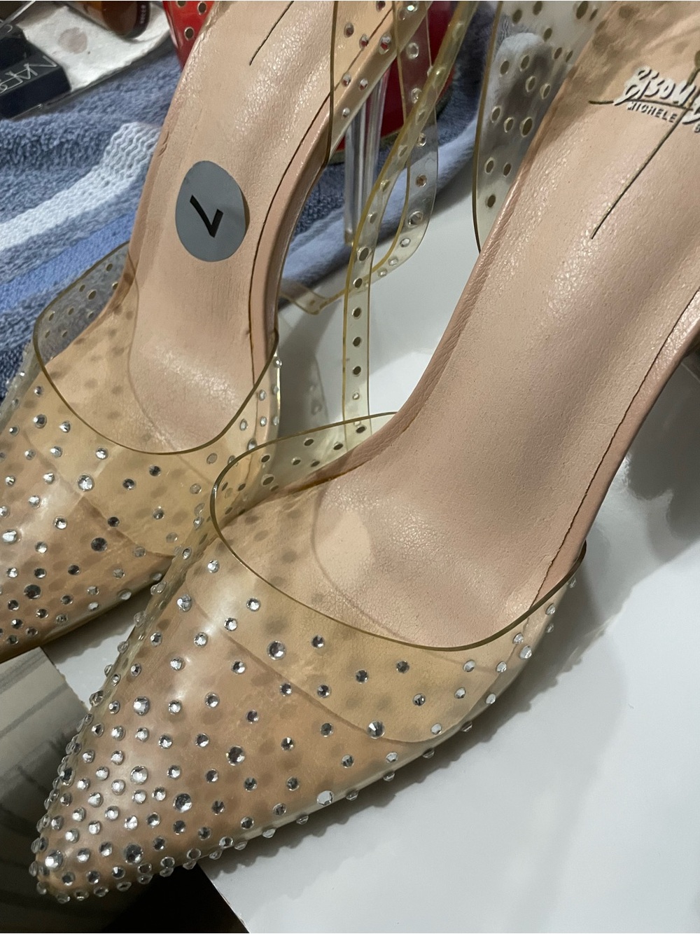Clear Nude Pointed Toe Pump with Crystal Accents